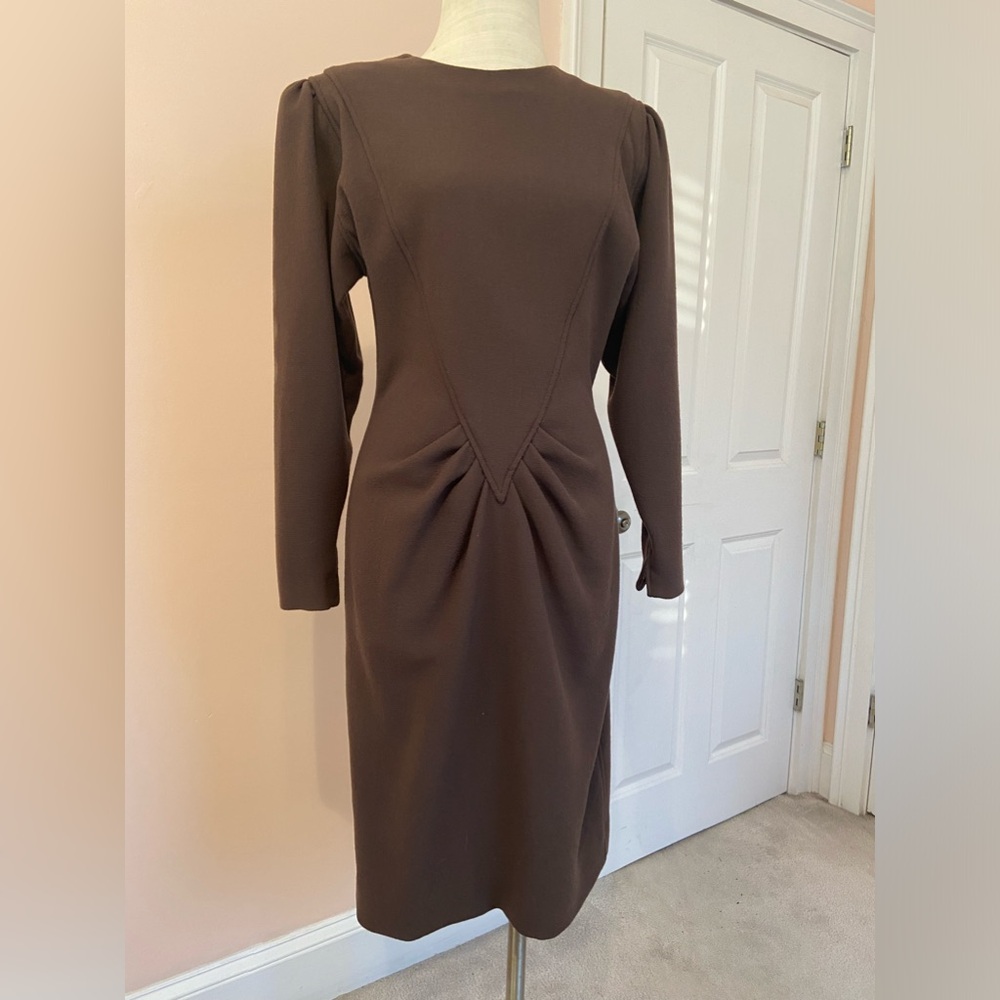 Vintage Oscar De La Renta 1980s Long Sleeve Chocolate Brown Dress